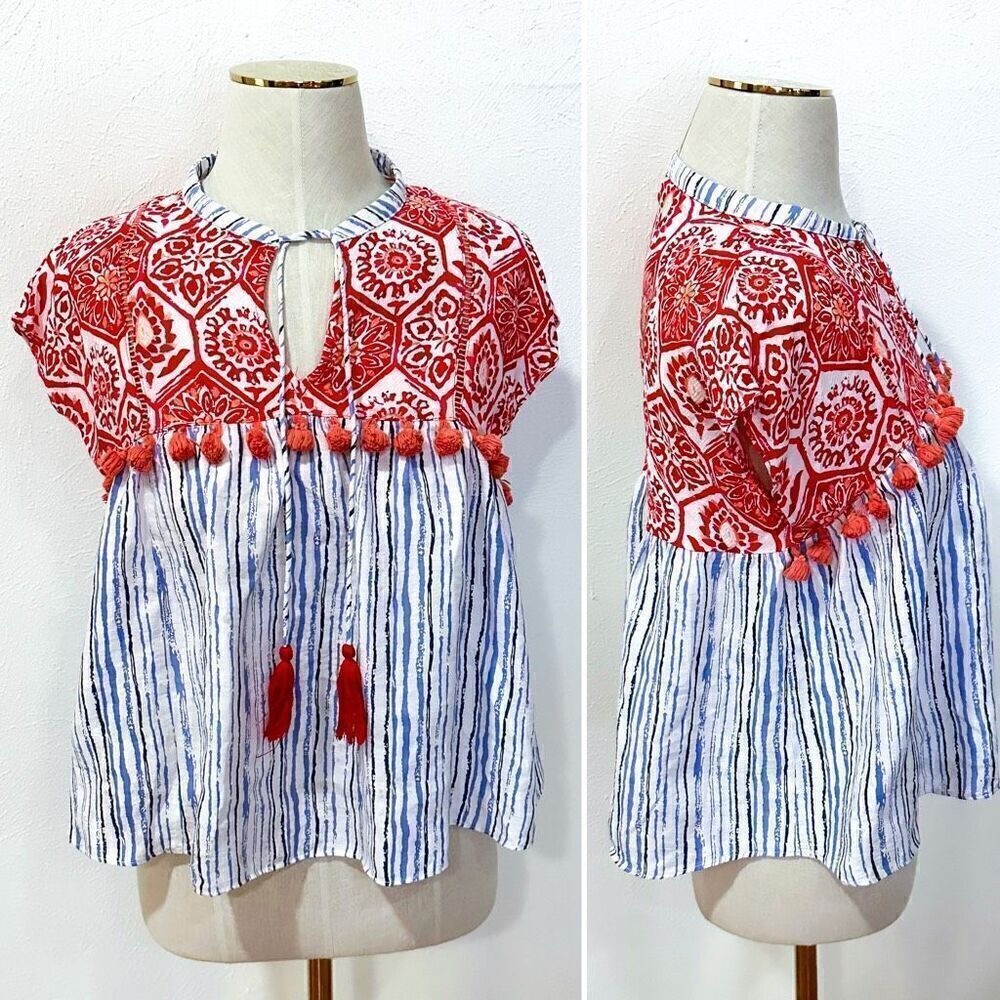 THML Red/Blue Boho Baby Doll Blouse XS